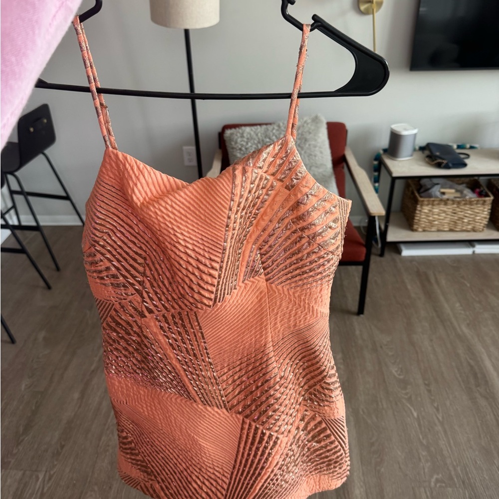 The Bar Coral Embellished Spaghetti-Strap Mini Dress